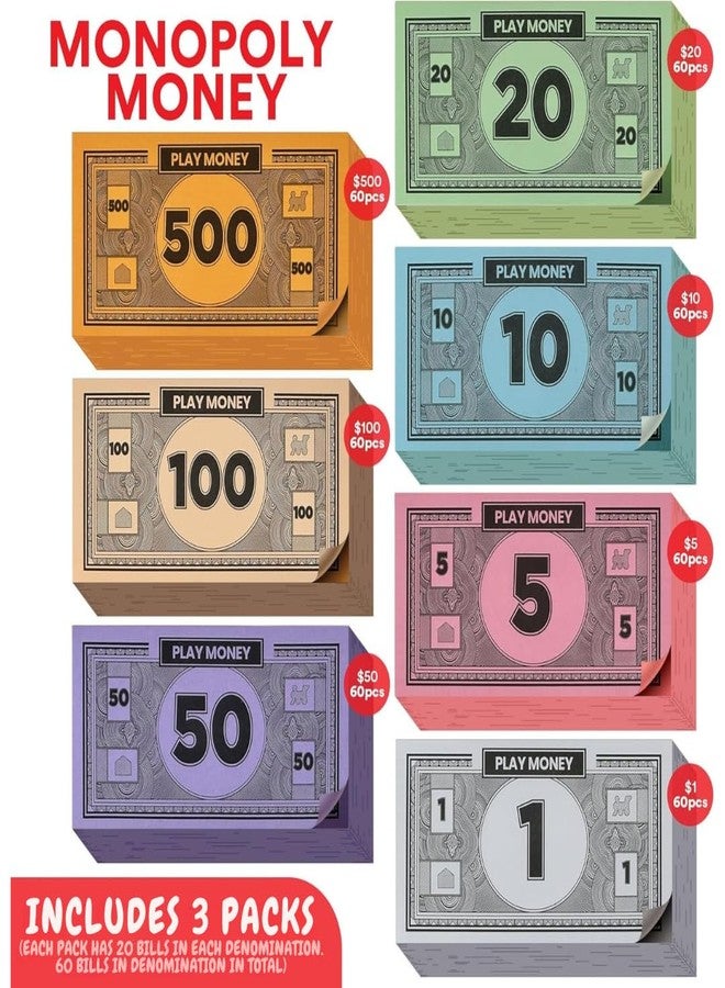 oreven Play Money Compatible for Monoply Money 60 Each Bill Denomination, Mixed Colors: $1, $5, $10, $20, $50, $100, and $500 (3 Set) - Image 2